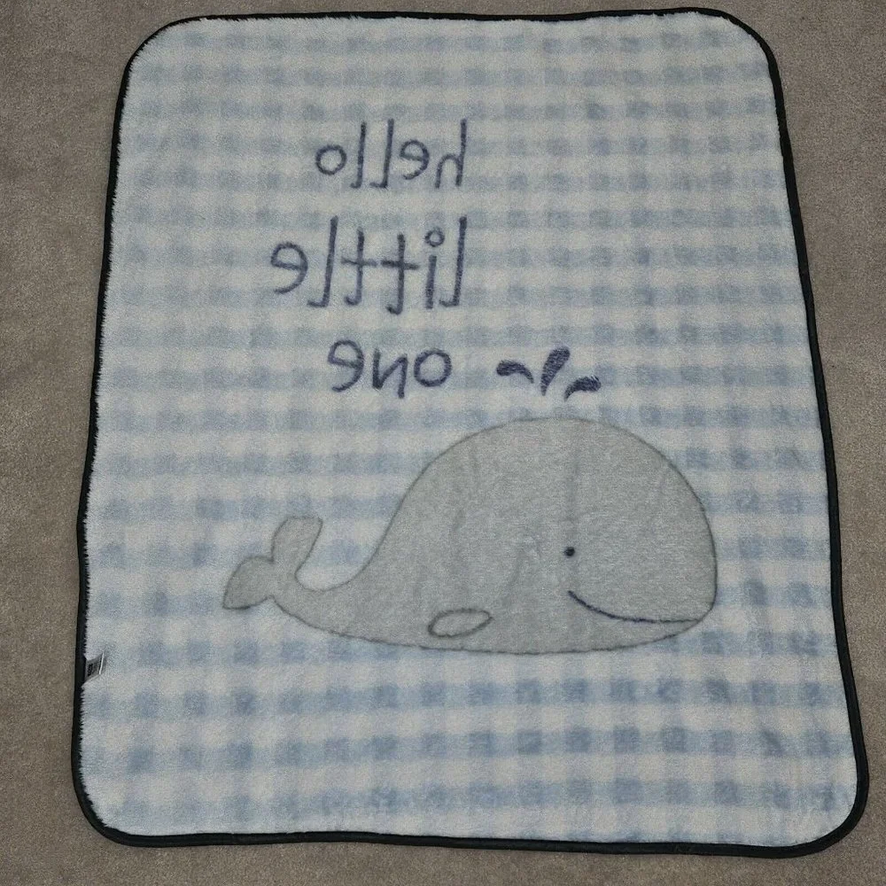 HB Hudson Baby Blanket Blue White Plaid Gray Whale Hello Little One 30x36 SOFT